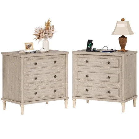 Bestier Farmhouse Nightstand Set of 2 with 3 Drawers, Wood Bedside Table Night Stand with Charging Station, Sofa Side End Table for Bedroom, Living Room, Oak | Walmart (US)
