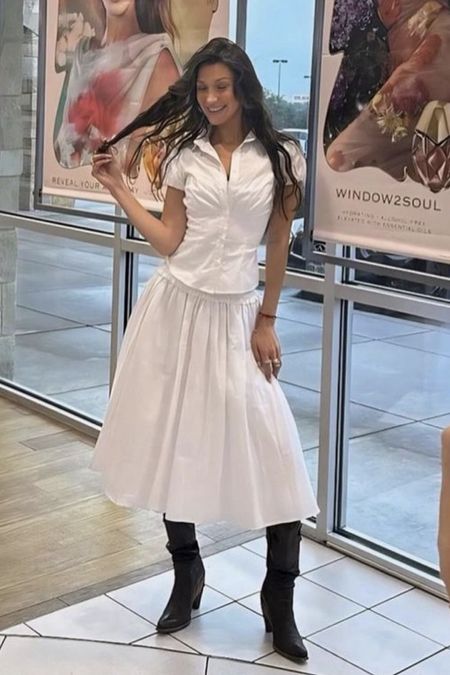 Shop Bella Hadid's white midi skirts, short sleeve button front collared top, cowboy boots and look for less options #BellaHadid #CelebrityStyle #CelebrityStyleFile


#LTKStyleTip