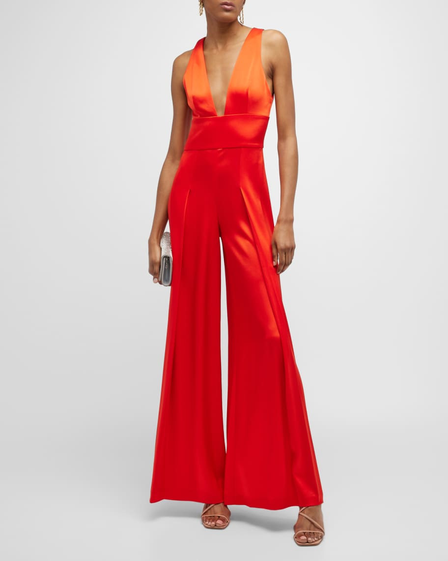 Alice + Olivia Myrtle V-Neck Wide-Leg Satin Jumpsuit | Neiman Marcus