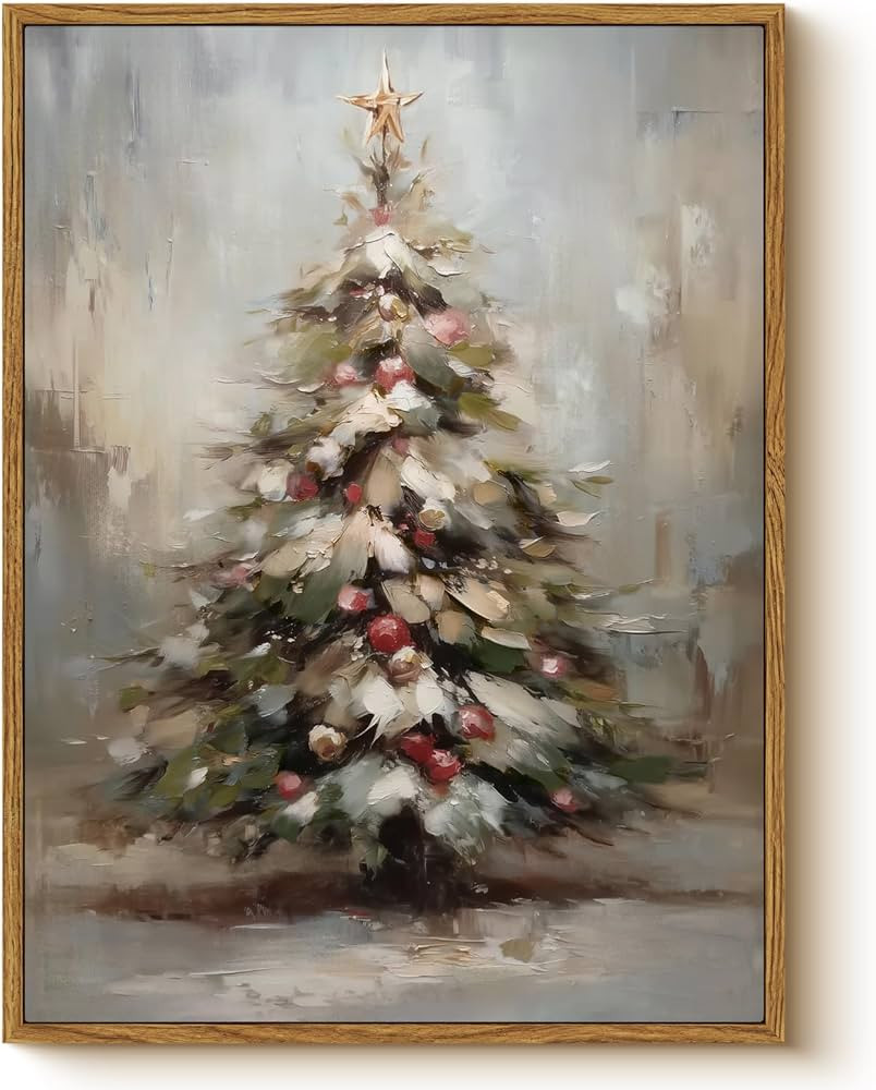 Vintage Snowy Christmas Tree with Ornaments Wall Art, 12x16 Inch Festive Winter Framed Canvas Pai... | Amazon (US)