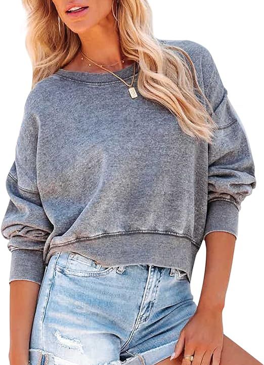 Womens Crop Tops Long Sleeve Crew Neck Sweatshirt Cute Pullover Casual Solid Blouses | Amazon (US)