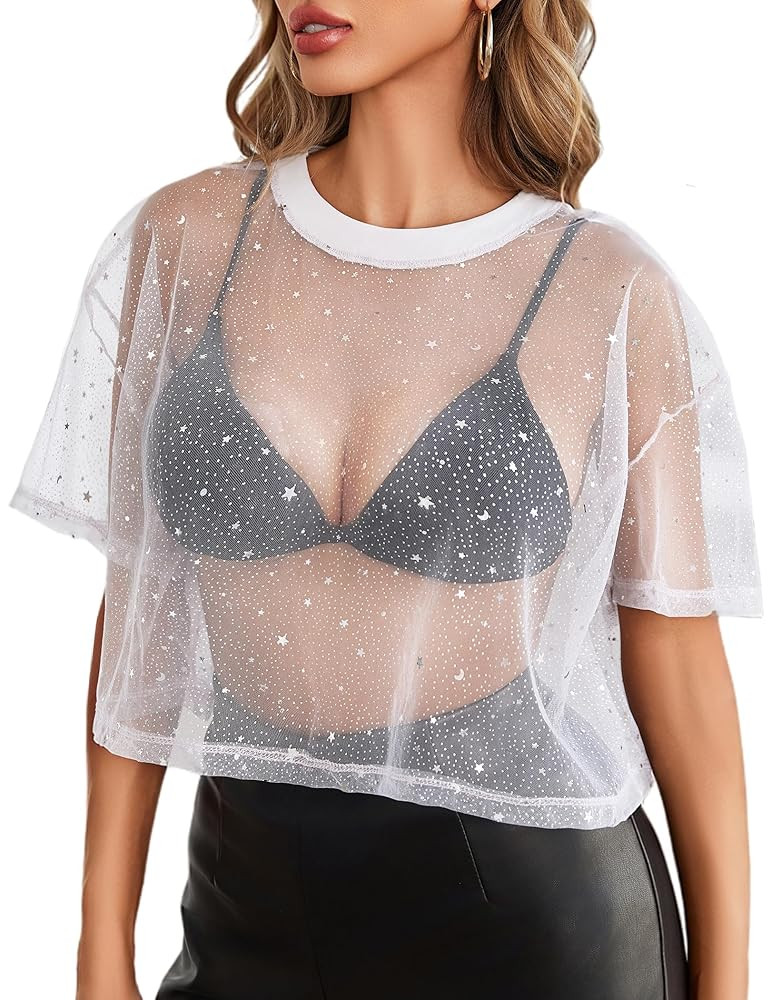 Avidlove Women's Mesh Top See Through Shirts Crop Top Sheer Blouse Clubwear Sexy Outfits Summer | Amazon (US)