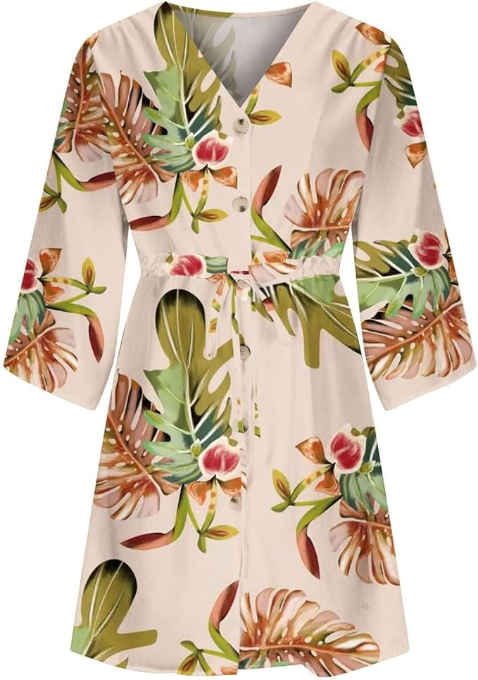 Women's Summer 3/4 Sleeve V Neck Holiday Dress Boho Print Drawstring Sun Beach | Amazon (US)