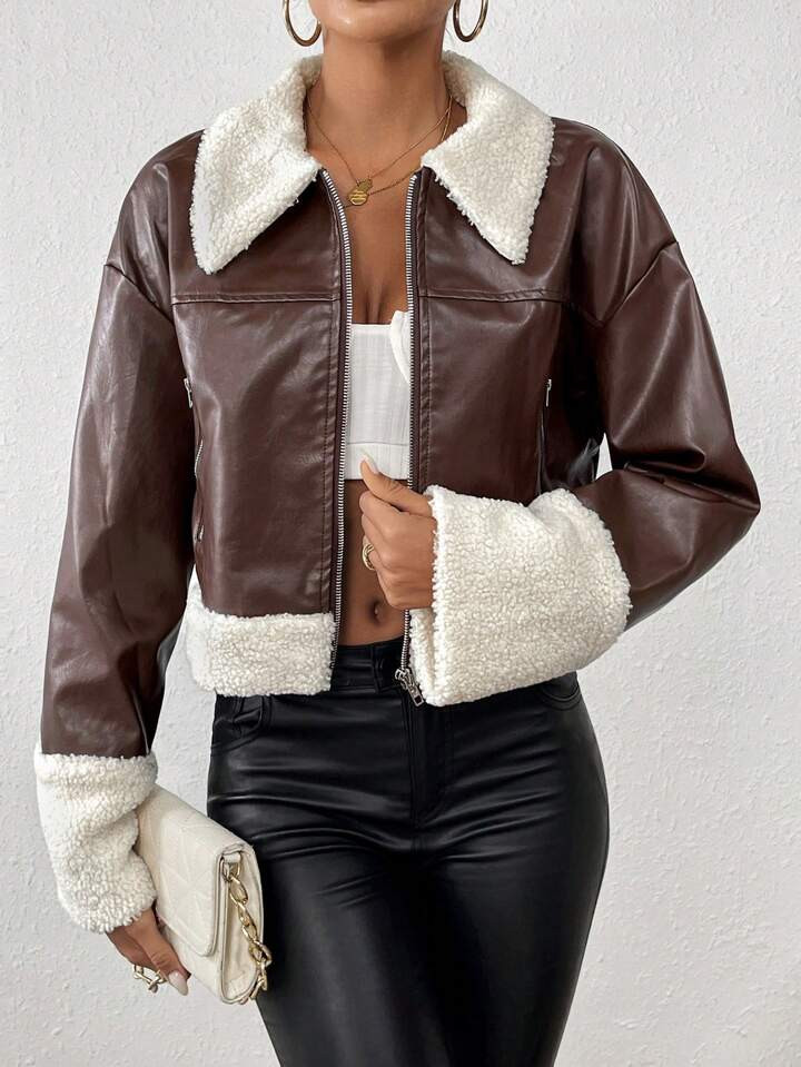 SHEIN Essnce Borg Collar Drop Shoulder Teddy Lined PU Leather Jacket | SHEIN