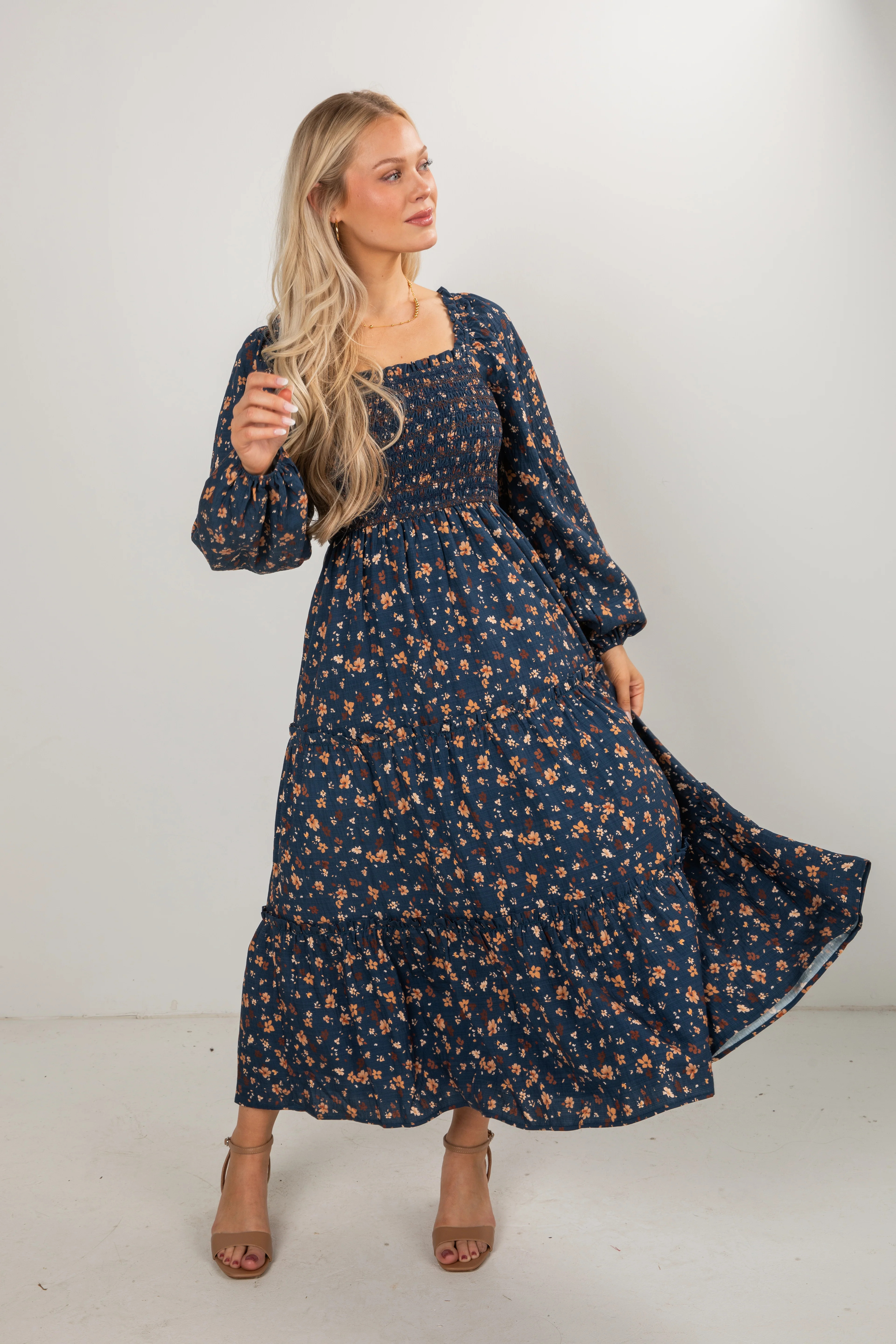 Cute Navy Floral Tiered Maxi Dress | Smocked Dresses | DressUp | Dress Up