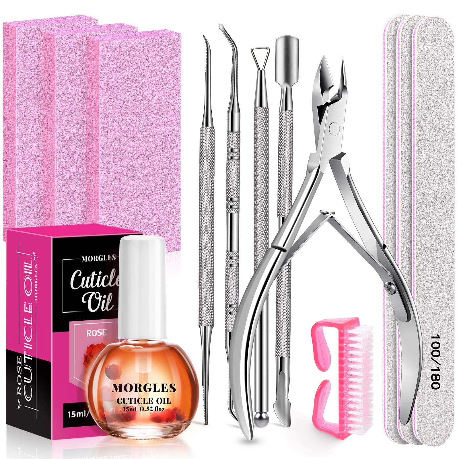 MORGLES Cuticle Remover kit, 100/180 Nail File and Nail Buffer Blocks, 1 Pcs Rose Cuticle Oil and... | Amazon (US)