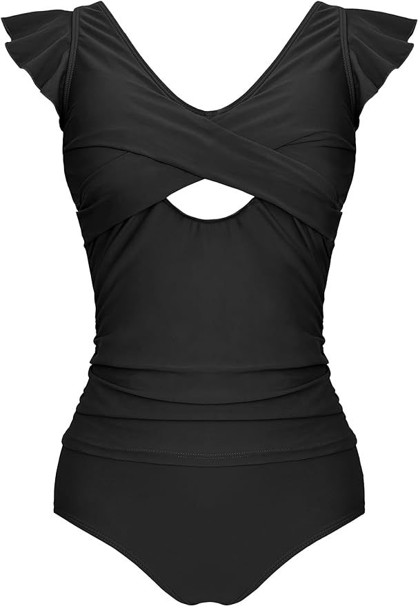 Kenaque Women Ruffle Tankini Bathing Suits 2 Piece Tummy Control Swimsuits Twist Cutout Swimwear ... | Amazon (US)