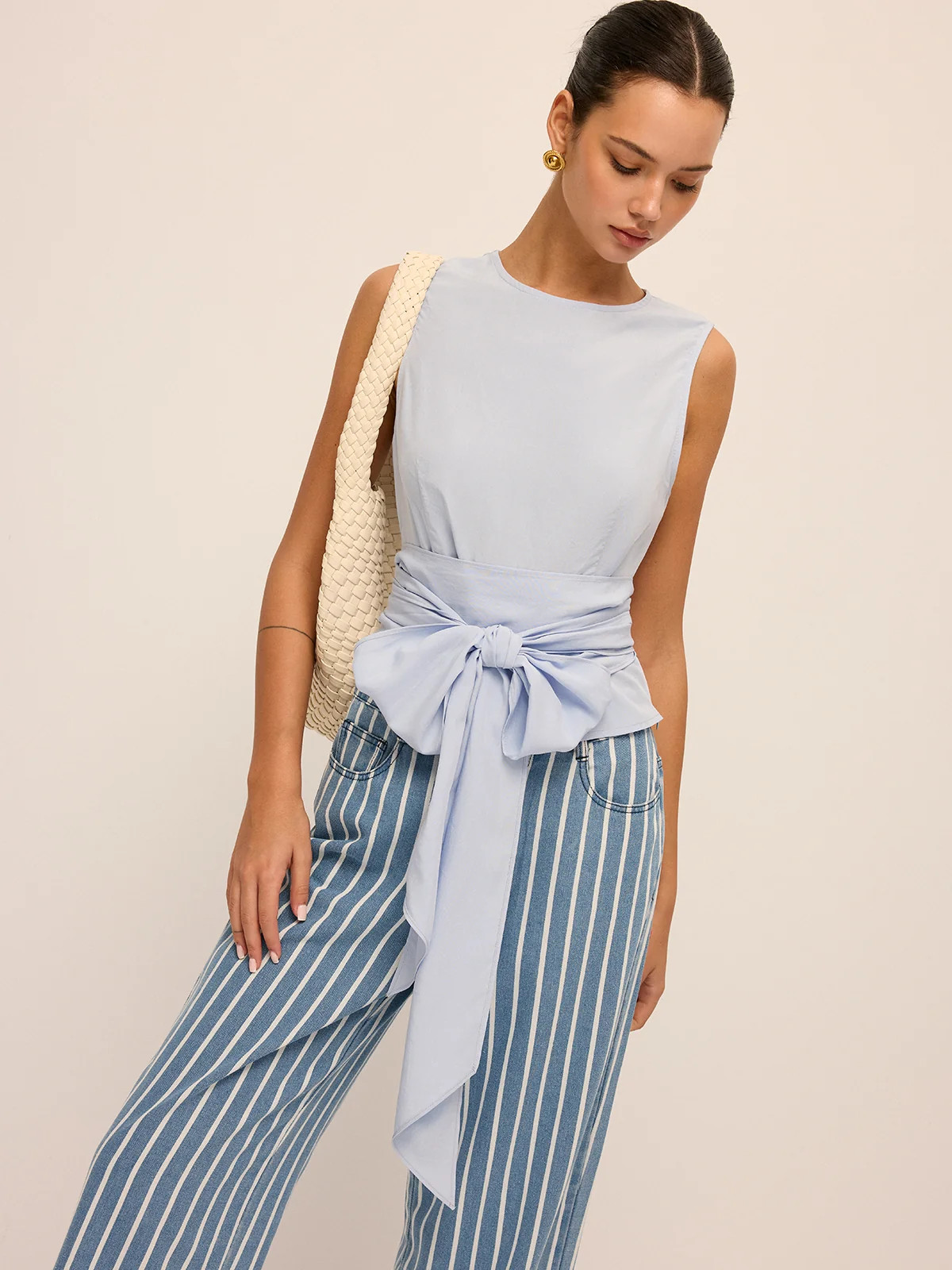 Large Bow Waist Tencel-Blend Sleeveless Top | Commense
