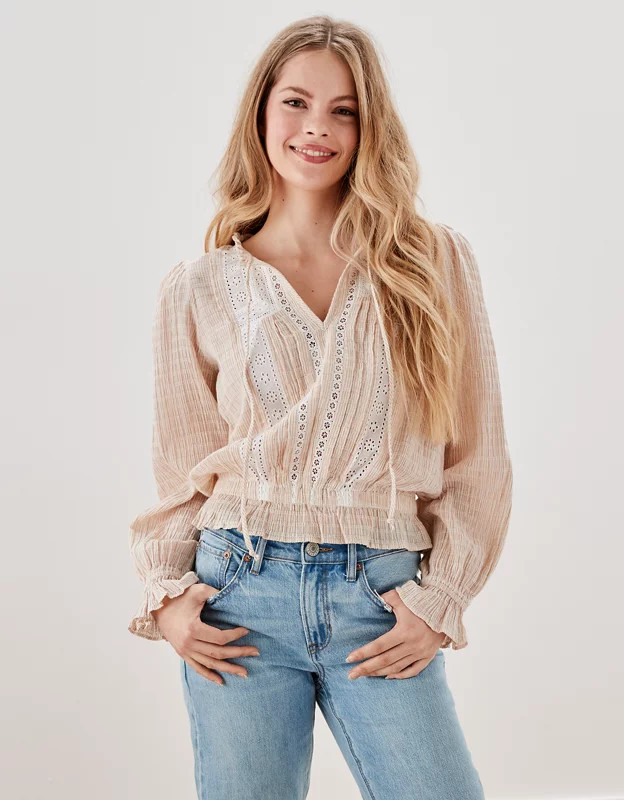 AE Long-Sleeve Lace Blouse | American Eagle Outfitters (US & CA)