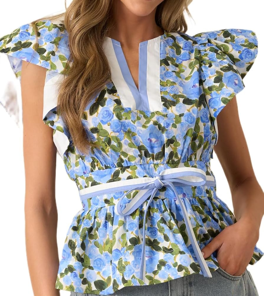 Women Ruffle Cap Sleeve Blouse Floral Printed V Neck Peplum Y2k Shirt Smocked Loose Fit Sleeveles... | Amazon (US)