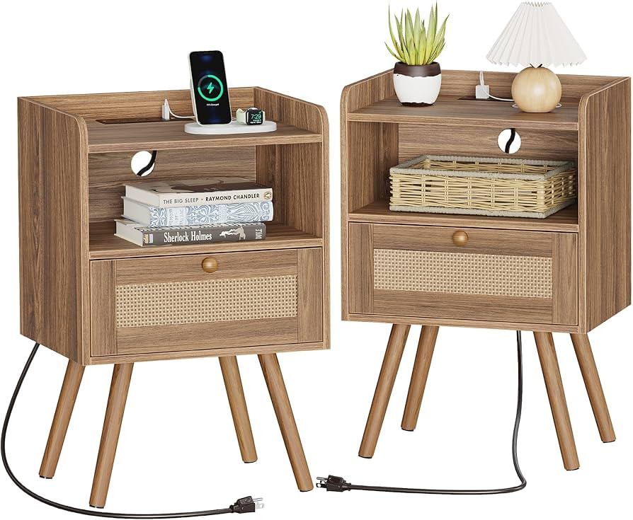 SUPERJARE Nightstands Set of 2, Night Stands with Charging Station & PE Rattan Decor Drawer, Bed ... | Amazon (US)