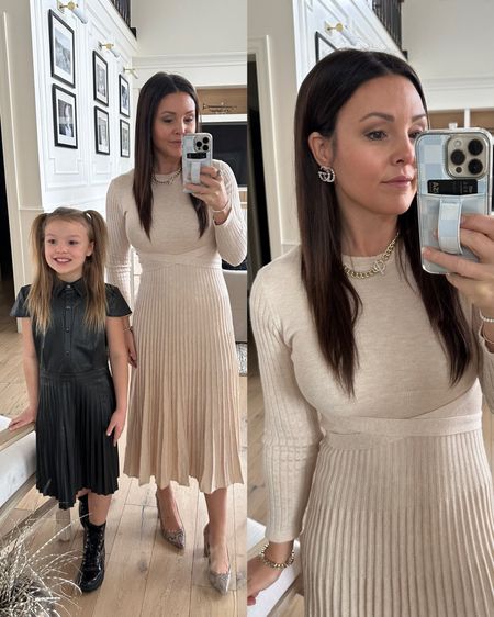 A favorite amazon sweater dress. Very flattering and comes in many colors. 

Gold chain with jewel studded ring clasp

Designer inspired earrings 

Snakeskin heels 

Sunday best along with my little girls. Her leather pleated skirt dress as well. 

Amazon finds 
Amazon fashion 
Walmart finds


#LTKunder50 #LTKkids