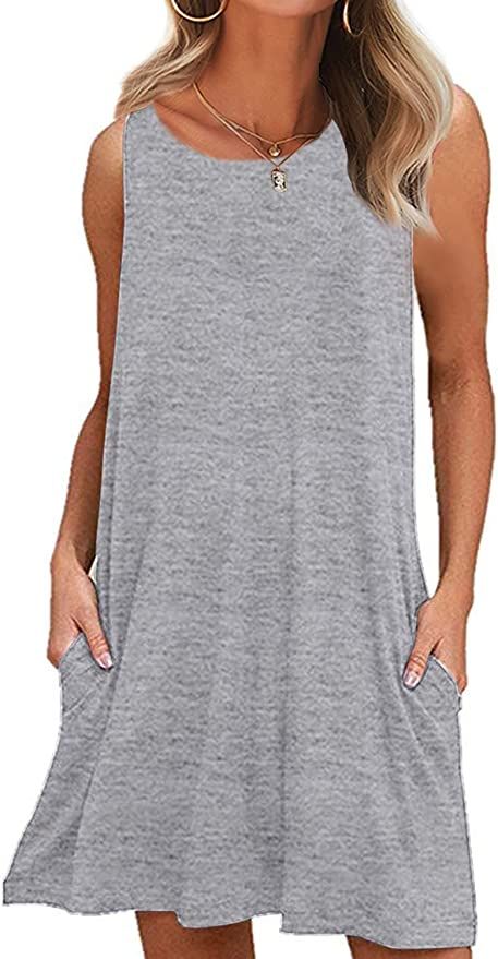 ZESICA Women's Summer Sleeveless Damask Print Pocket Loose T-Shirt Cover Up Dress | Amazon (US)