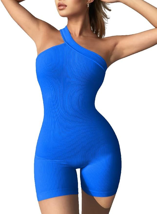 OQQ Women's Yoga Rompers Ribbed One Piece Tummy Control Jumpsuit One Shoulder Romper | Amazon (US)