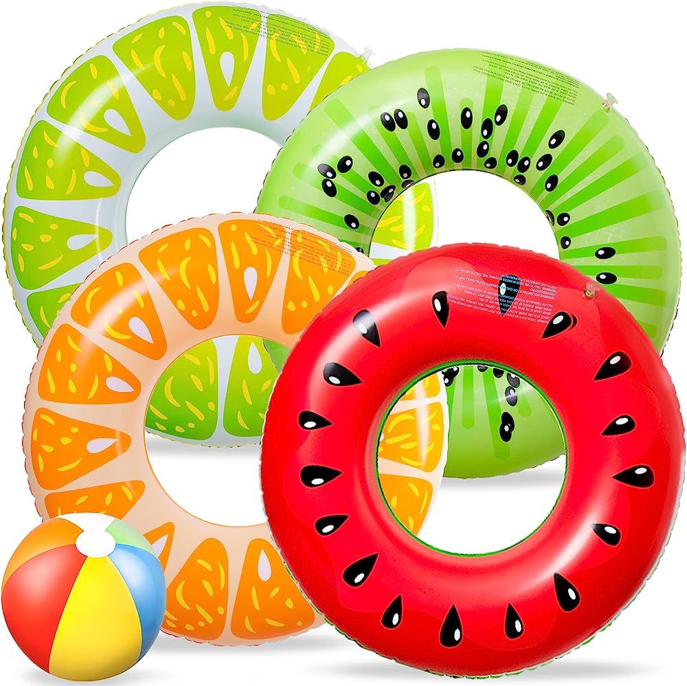 90shine 5PCS Fruit Pool Floats Watermelon Kiwi Orange Lemon Swimming Rings with 13.5" Beach Ball ... | Amazon (US)