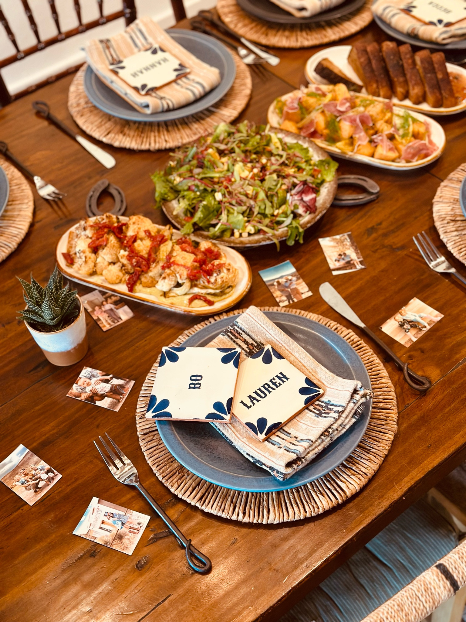 We had guests at the ranch this weekend and had these beautiful place settings made out of Mexican ceramic tiles. I made them with our whole family’s names to have on hand for dinners and events. The vinyls are removable to make it easy for special guests.
I like to add a personal touch to the tablescape with Polaroids of our guests to take home with them as a party favor - such a huge hit! 

#LTKParties #LTKFamily #LTKHome