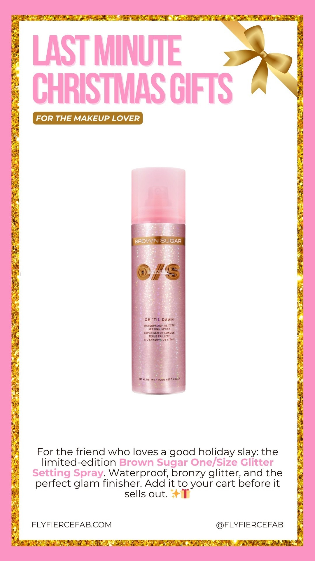 The new brown sugar One/Size glitter setting spray just dropped at Sephora! It’s available starting today (12/6) for rouge members, and to everyone else starting tomorrow.

This is a great last-minute Christmas gift idea for the makeup lover on your list, as it will help keep their makeup, locked in place and add a beautiful bronze glittery finish.

This is definitely at the top of my list to add a little sparkle to my holiday makeup looks ✨

Use code: SAVEGIFTS to save 20% off a purchase at Sephora through 12/14 🤑. 

#LTKHoliday #LTKBeauty #LTKGiftGuide