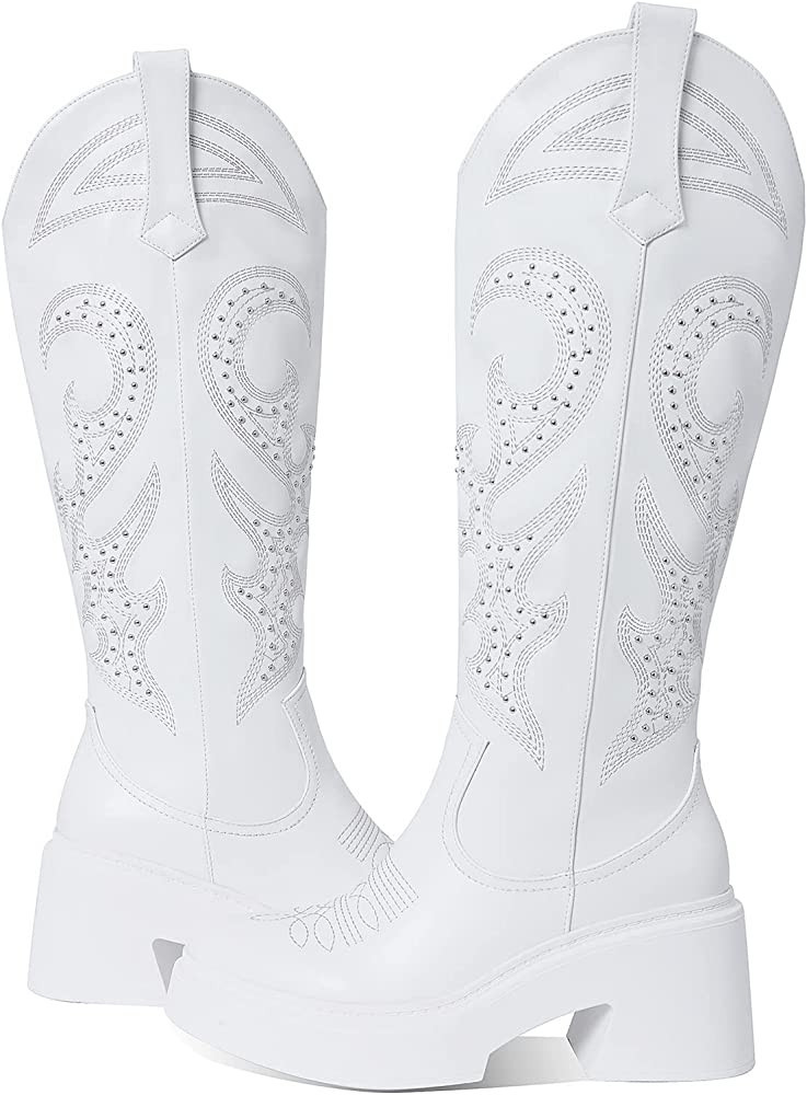 Artrotter Embroidered Studded Western Cowboy Boots for Women Almond Toe Platform Chunky Heel Desi... | Amazon (US)