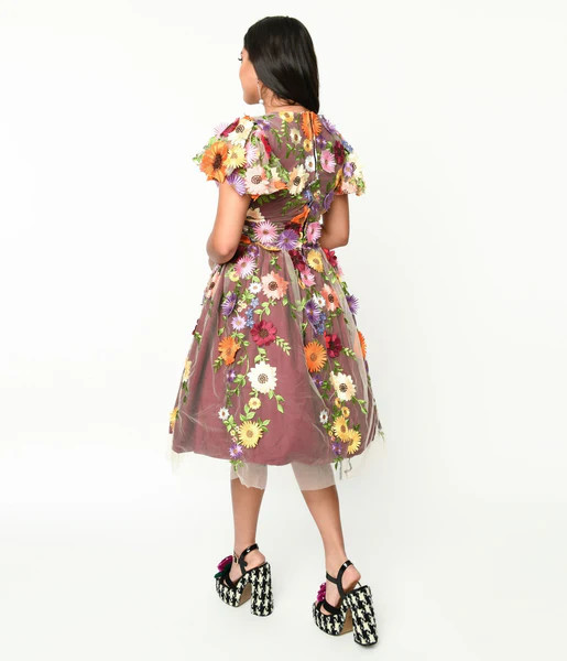 Magnolia Place Burgundy Flower Party Midori Swing Dress | UniqueVintage