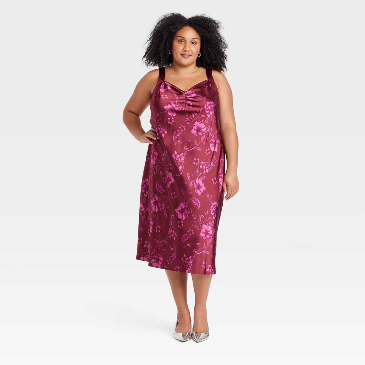 Women's Satin Midi A-Line Dress - Ava & Viv™ Burgundy Floral XXL | Target