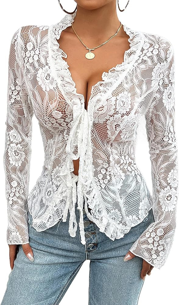 Lace Tops for Women Long Sleeve See Through Sexy Sheer Mesh Crop Top Shirt Open Front Tie Blouse ... | Amazon (US)