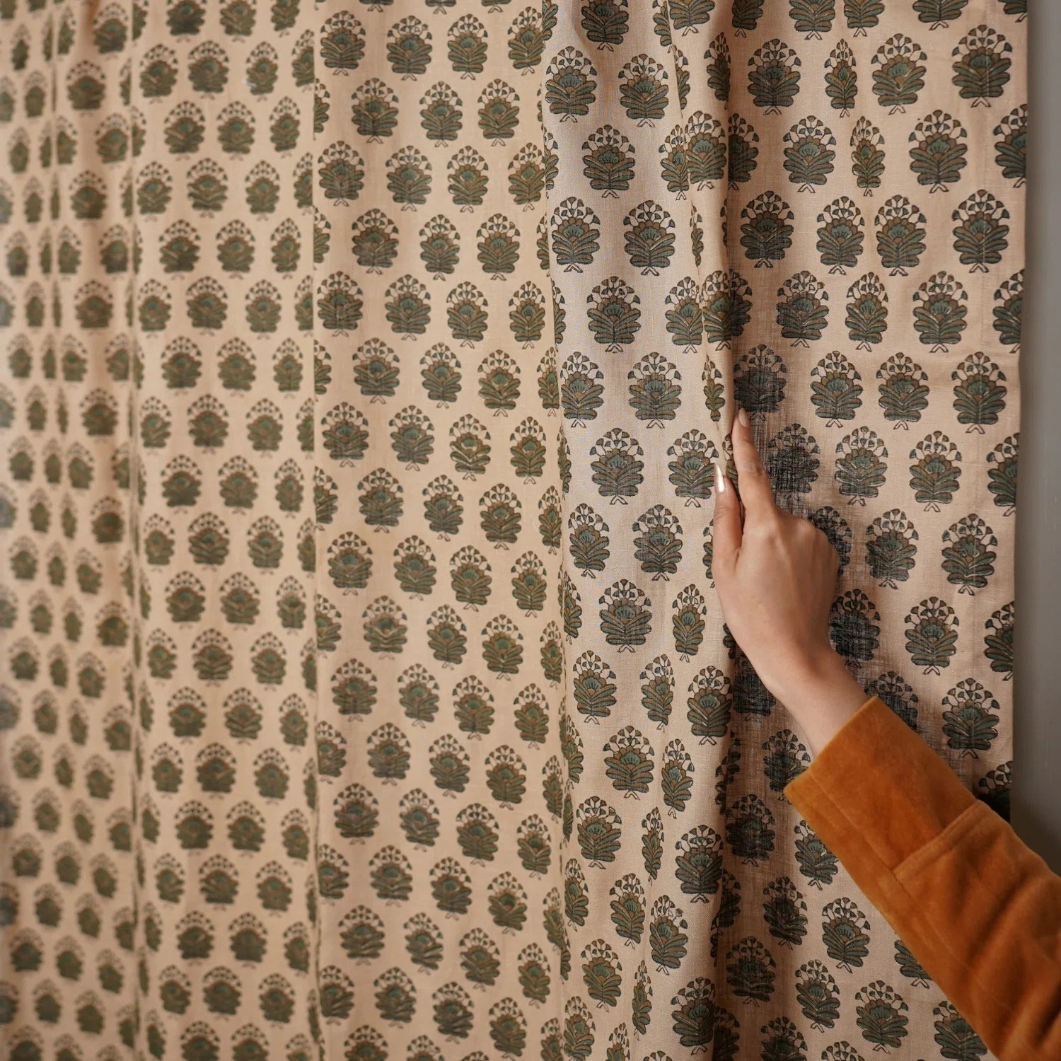 Floral Block Print Linen Curtain Handmade & Eco-Friendly, Bheeshma, Brown | Wayfair North America