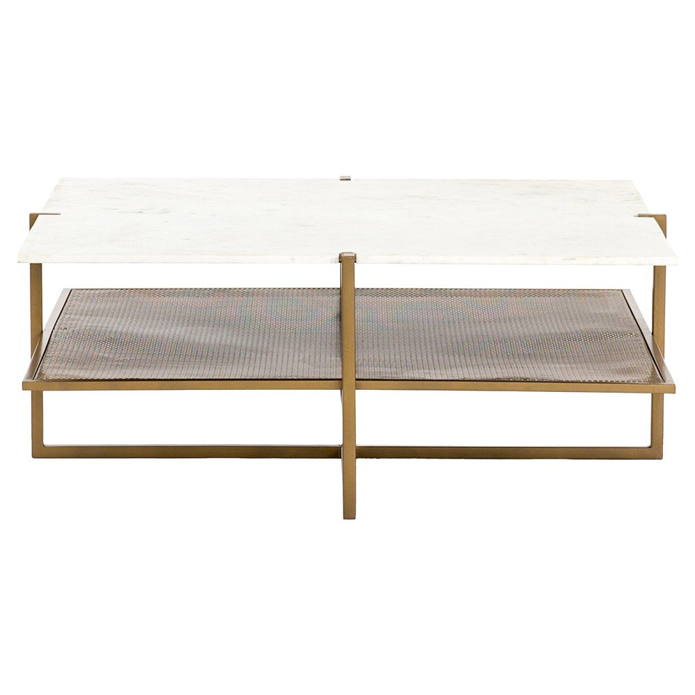 Lawrence Modern Classic Square White Marble Top Gold Shelve Coffee Table | Kathy Kuo Home