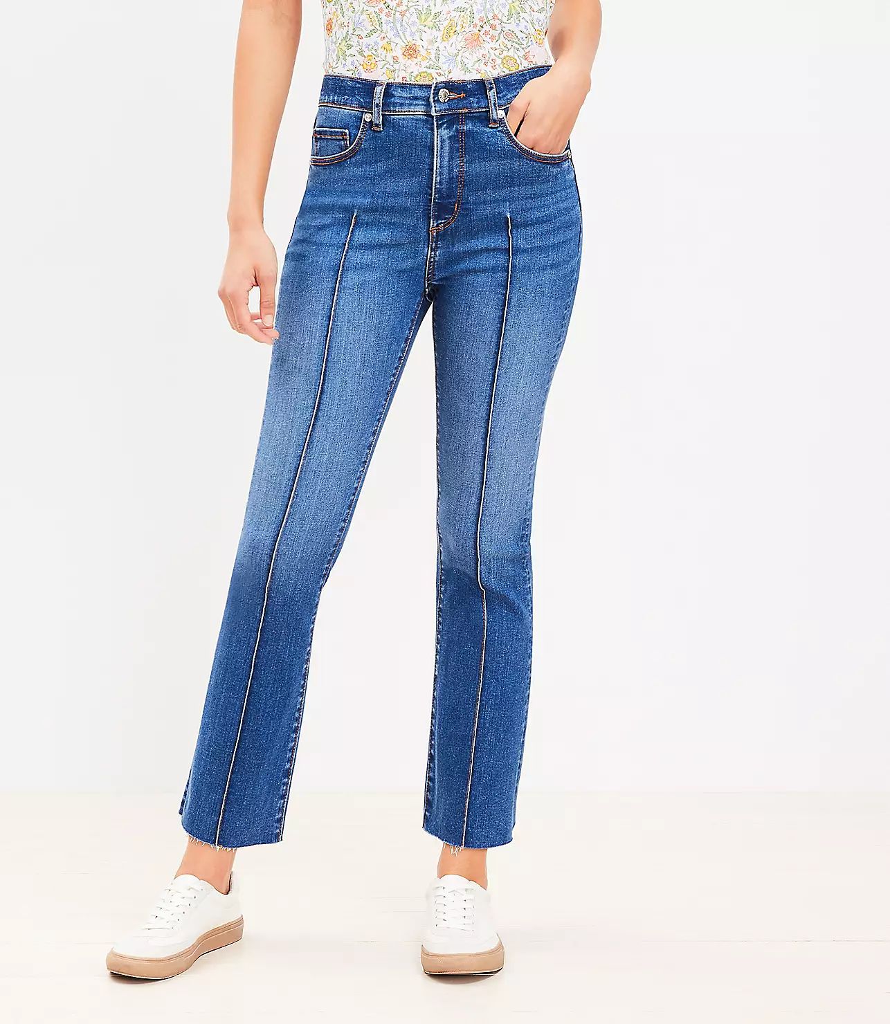 Pintucked High Rise Kick Crop Jeans in Bright Mid Indigo Wash | LOFT