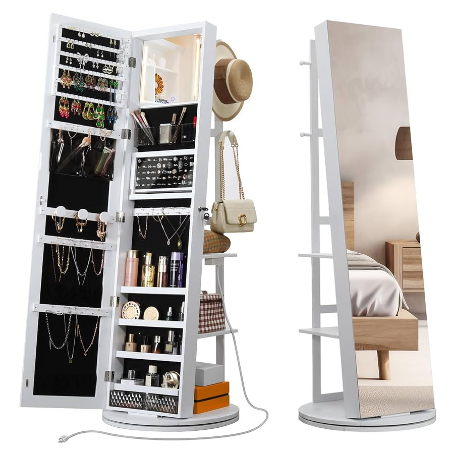 IRONCK 360° Swivel Mirrored Jewelry Cabinet with Full-Length Mirror, Charging Station, Lockable ... | Amazon (US)