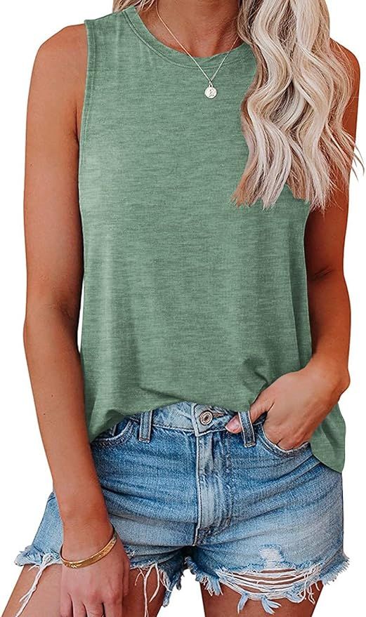 Bliwov Womens Tank Tops Crewneck Loose Fit Basic Solid Color Casual Summer Sleeveless Shirts | Amazon (US)