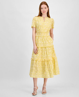 T Tahari Women's Cotton Eyelet Tiered Midi Dress  - Macy's | Macy's