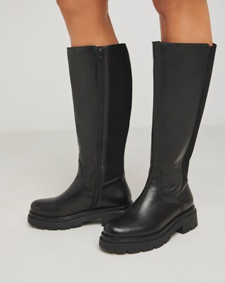 Ashleigh Leather Stretch Panel Flat Boots Wide E Fit Standard to Curvy Calf | Simply Be (UK)