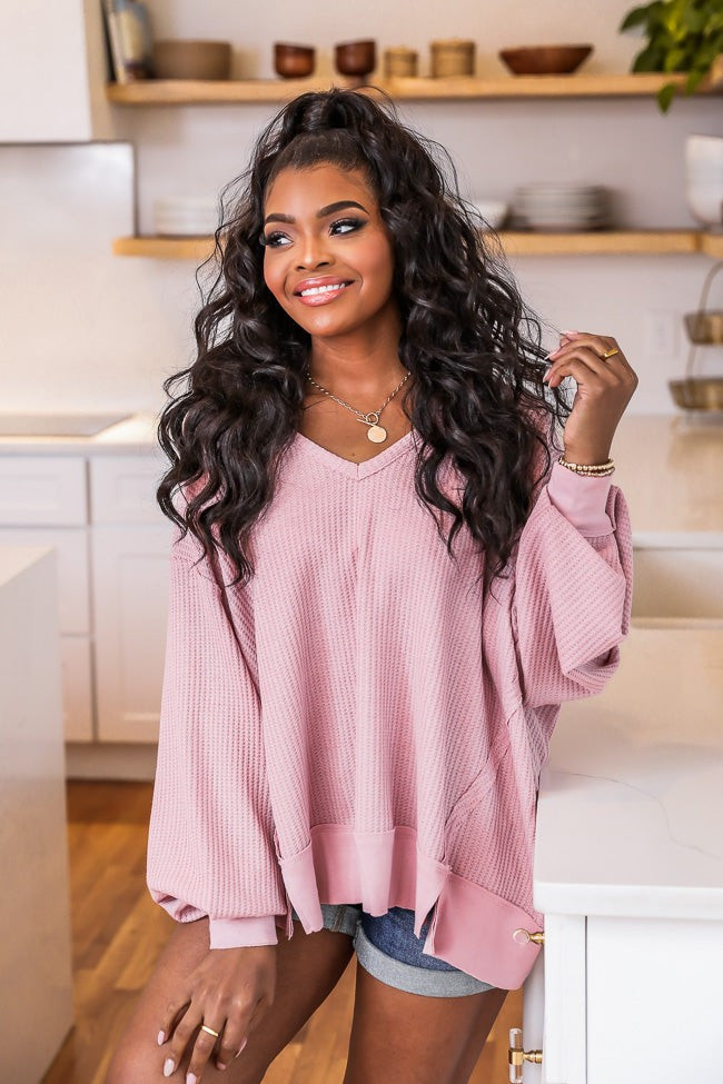 Since You've Been Gone Rose Waffle Knit V-Neck Sweater | The Pink Lily Boutique