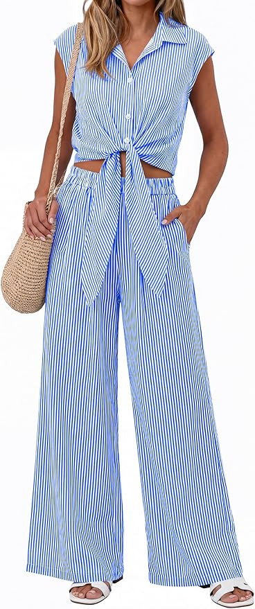 PRETTYGARDEN 2 Piece Sets For Women Summer Striped Button Down Tie Front Crop Tops Wide Leg Pants... | Amazon (US)