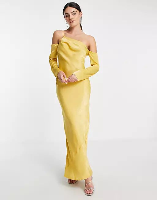 ASOS DESIGN Satin asymmetric maxi dress with cold shoulder detail in gold | ASOS (Global)