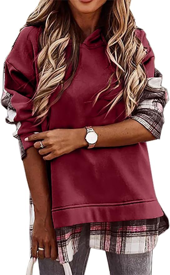 KIRUNDO Women's Hoodies 2022 Fall Long Sleeve Plaid Patchwork Hooded Sweatshirts Casual Color Blo... | Amazon (US)