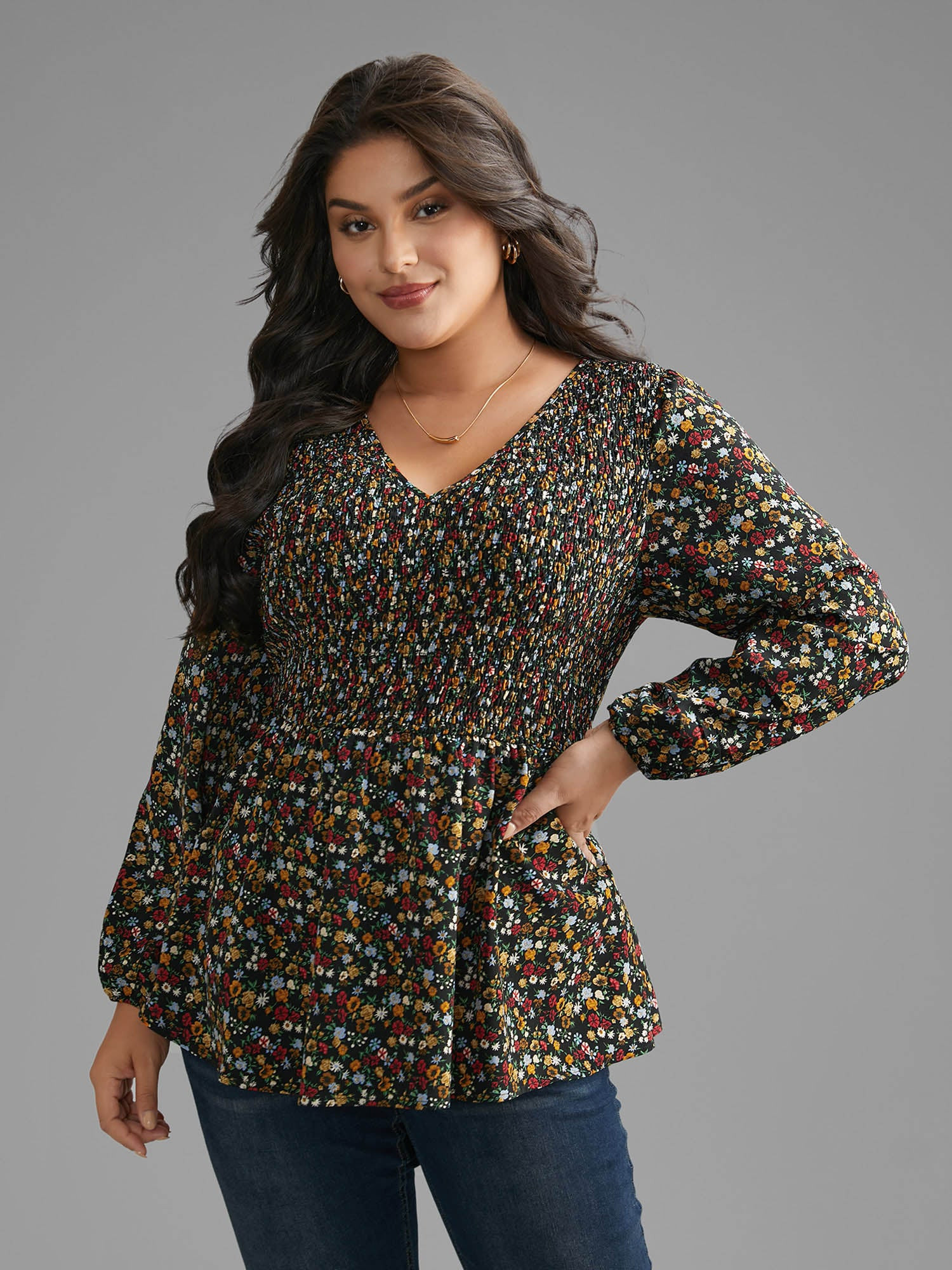 Ditsy Floral V Neck Shirred Blouse | Bloomchic