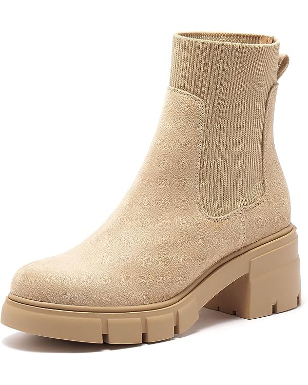 REDTOP Women's Elastic Chelsea Boots Chunky Block Heel Platform Lug Sole Ankle Booties | Amazon (US)