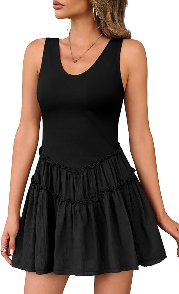 Wenrine Womens Summer Sleeveless Mini Dress Casual Patchwork Scoop Neck Ruffle Tiered Tank Dresse... | Amazon (US)