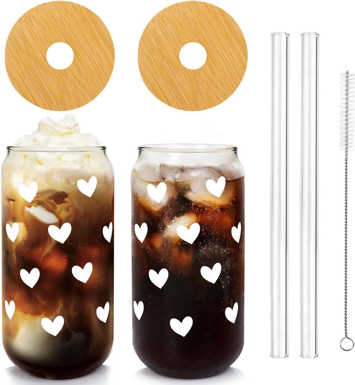 Iced Coffee Cups, Can Shaped Glass Cups, 20 OZ Hearts Cup Beer Glass, Love Can Couple Drinking Gl... | Amazon (US)