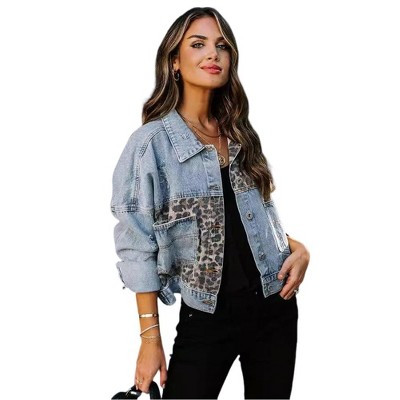 Women Oversized Leopard Print Distressed Ripped Washed Denim Jacket Long Sleeve Button Up Jean Coat | Target