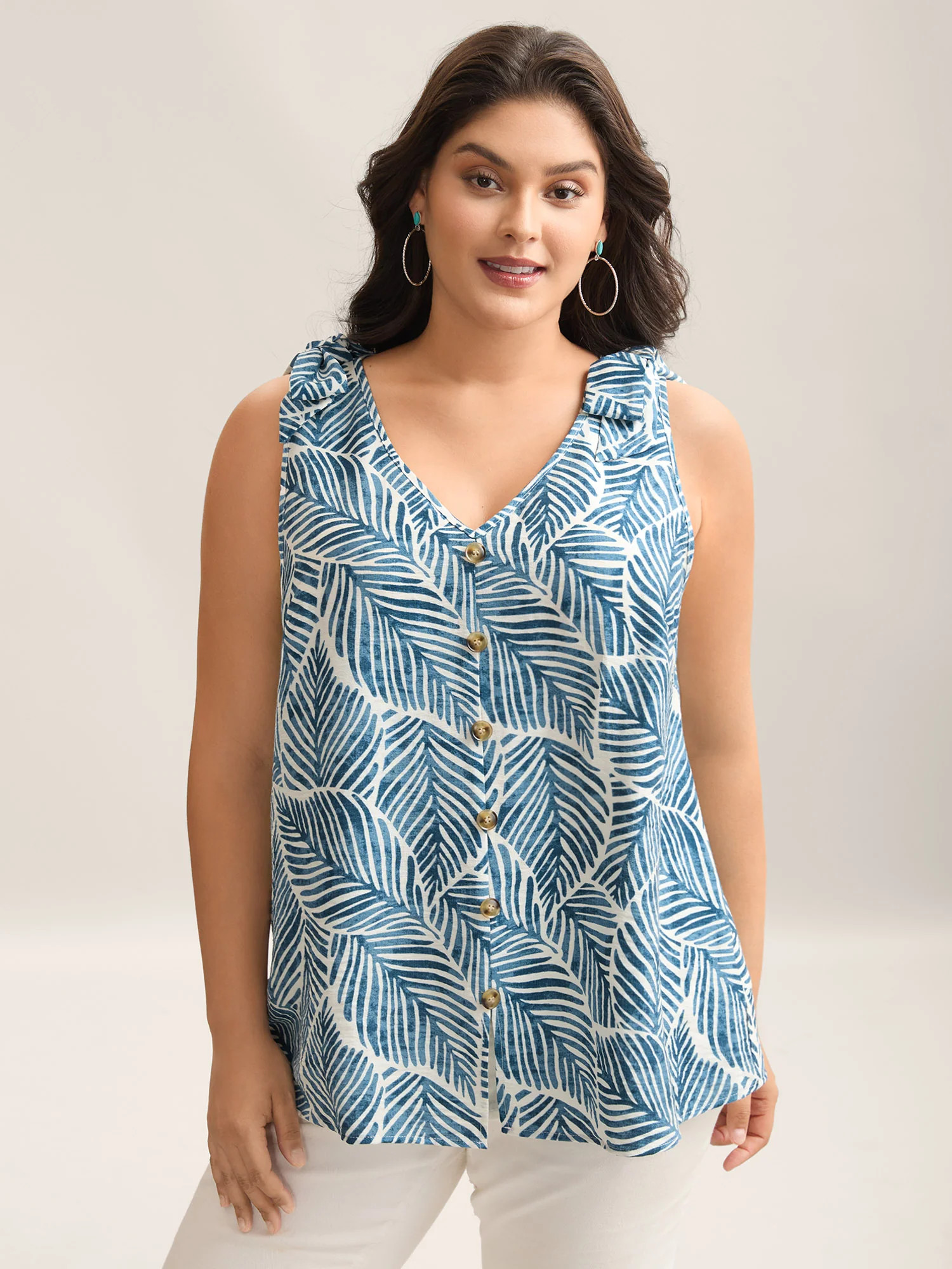 Bow Shoulder Leaf Print Button Tank Top | Bloomchic