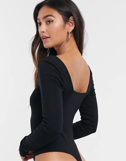 ASOS DESIGN long sleeve bodysuit with square front and back in black | ASOS (Global)