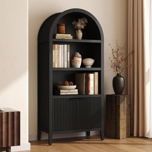Yusong 71" Tall Arched Bookcase, 5-Tier Arched Bookshelf, Black Bookshelf, Arch Cabinet Display C... | Amazon (US)