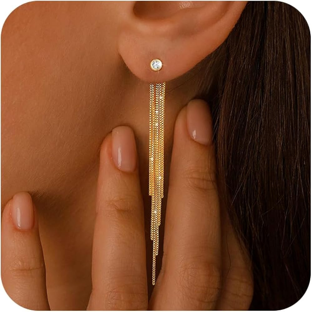 Dangle Earrings for Women - Dainty 14K Gold Plated Long Drop Chain Earrings Trendy Wedding Thread... | Amazon (US)