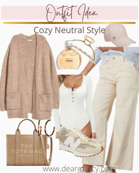 Outfit inspiration 
Cozy neutral Winter style 

Scru wide leg crop denim
Mid length cardigan 
Marc Jacob the tote  large 
Chanel perfume 
Cream ball cap 
Hoop earrings 
Gold hair clip 
White thermal bodysuit 
New balance tennis shoes 

#LTKMostLoved 

#LTKfindsunder100 #LTKGiftGuide