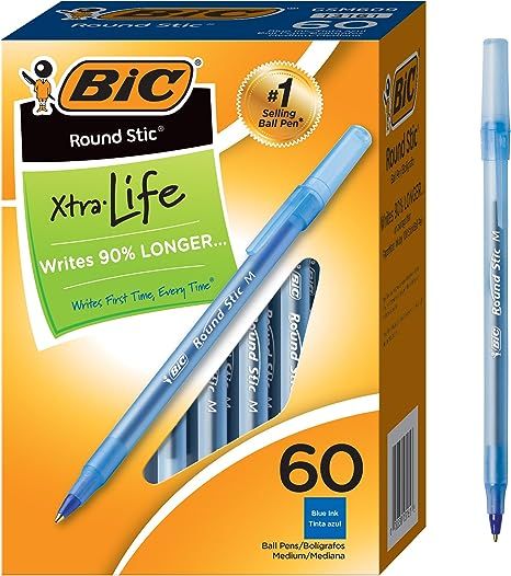 BIC Round Stic Xtra Life Ballpoint Pen, Medium Point (1.0mm), Blue, 60-Count (GSM609-BLUE) | Amazon (US)