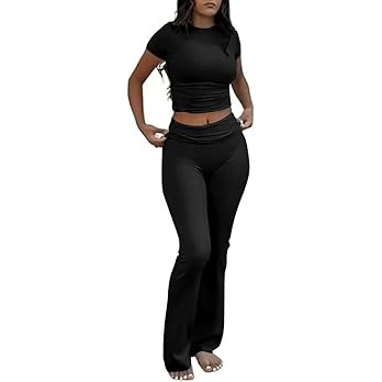 Amazon.com: COPYLEAF Two Piece Lounge Sets for Women Fold Over Flare Pants Short Sleeve Crop Top ... | Amazon (US)