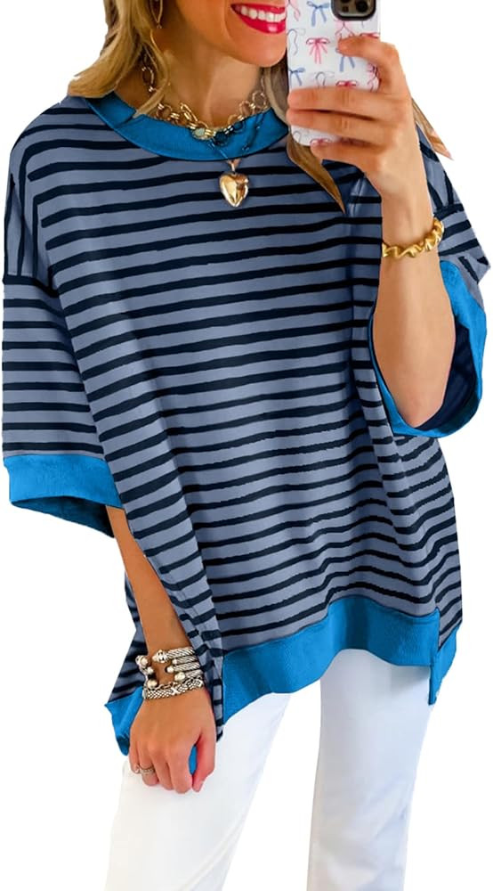 SHEWIN Womens Tops Casual Short Sleeve Sweatshirt Crewneck Striped Shirt Pullover T Shirts Loose ... | Amazon (US)