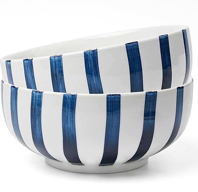 Salad Bowl,Serving Bowls,Soup Bowls, Large Serving Bowl Set of 2,Blue-Striped Ceramic Bowls Servi... | Amazon (US)